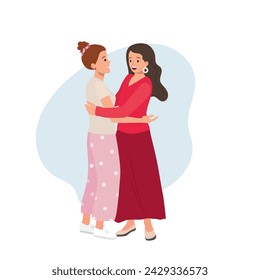 Ilustración vectorial de una reunión alegre de dos novias elegantes hermosas que se abrazan en un fondo claro