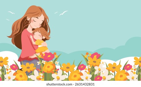 Vector illustration of a joyful Mother's Day celebration. A mother lovingly holds her daughter, surrounded by colorful flowers. Warm and cheerful design