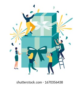 vector illustration of joyful people, employee receives a gift, online reward for a good job, holiday corporate vector