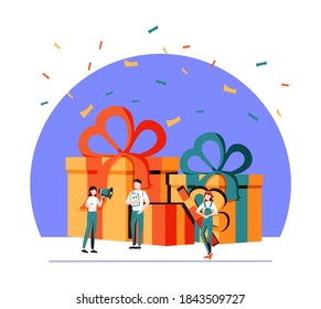 vector illustration of joyful people, employee receives a gift, online reward for a good job, holiday corporate vector