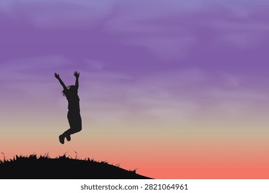 Vector illustration of a joyful person jumping at sunset with a colorful sky, symbolizing freedom, success, happiness, and motivation. Perfect for wellness, travel, lifestyle, and inspirational designs.