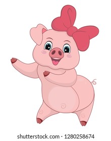 Vector illustration of joyful pig with ribbon, cartoon sticker postcard. Element design isolated on white-vector.