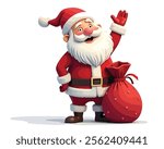 "Vector illustration of a joyful Santa Claus wearing a classic red suit, standing next to a red sack filled with gifts and waving cheerfully. Designed with a clean white background, perfect for Christ