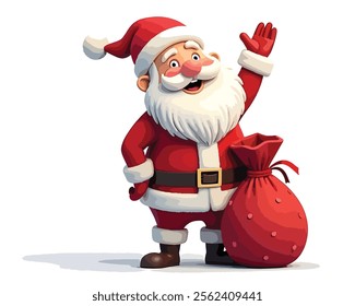 "Vector illustration of a joyful Santa Claus wearing a classic red suit, standing next to a red sack filled with gifts and waving cheerfully. Designed with a clean white background, perfect for Christ