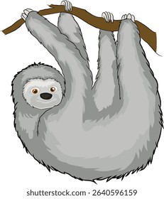 Vector illustration of a joyful sloth vector, swinging on a branch.