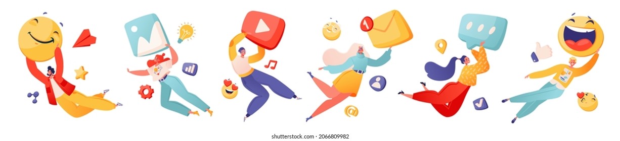 Vector illustration with joyful smiling characters in flat cartoon style. Concept of PR, advertising, marketing on Internet and social networks. People flying and holding emoji and social media icons