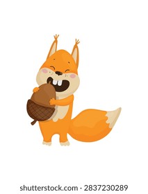 Vector illustration of a joyful squirrel hugging a big acorn. Adorable and happy woodland character.