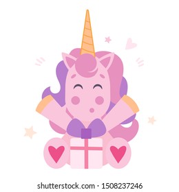 Vector illustration of a joyful unicorn with a gift.