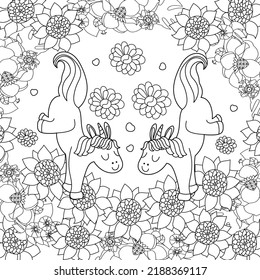 vector illustration of joyful unicorns in flowers and sunflowers, coloring page