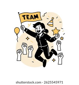 Vector illustration of a joyful woman jumping with a “TEAM” flag and star trophy, surrounded by cheering hands and festive icons