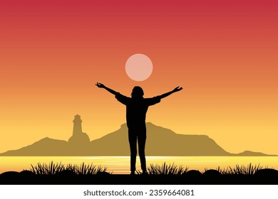 Vector illustration of a joyful woman with outstretched arms, set against a picturesque sunset backdrop. Success and serenity concept. Girl Celebrating happiness and achievement.