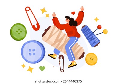 Vector illustration of a joyful woman surrounded by sewing elements like thread, buttons, and safety pins, symbolizing the creativity and passion for sewing and tailoring.