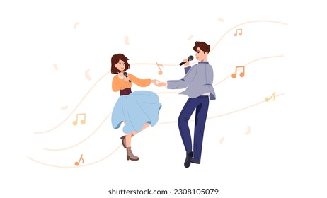 Vector illustration of joyful young people who perform together. A man and a girl sing and dance together, holding hands. An example of how music brings people together. Eurovision, music competitions