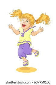 Vector illustration. Joyfully the red-haired girl jumps.
