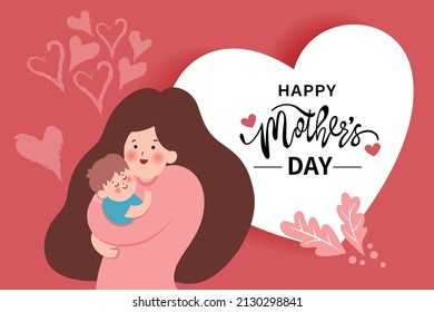 Vector illustration of joyous celebration of Happy Mother's Day, mother holding baby surrounded by flowers - Shutterstock ID 2130298841