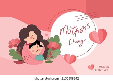 Vector illustration of joyous celebration of Happy Mother's Day, mother holding baby surrounded by flowers - Shutterstock ID 2130309242