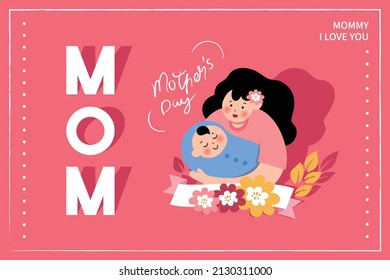 Vector illustration of joyous celebration of Happy Mother's Day, mother holding baby surrounded by flowers