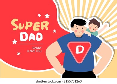 Vector illustration of joyous celebration of Happy Father's Day-hand drawn lettering phrase. Super father and child happy together.