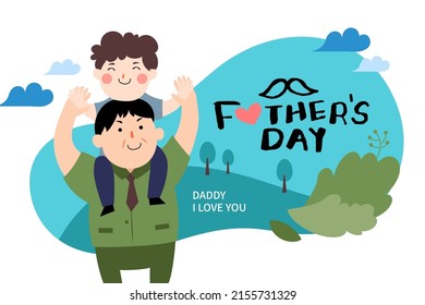Vector illustration of joyous celebration of Happy Father's Day-hand drawn lettering phrase. Super father and child happy together.