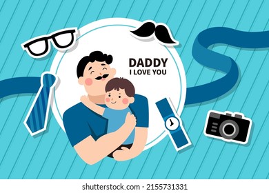 Vector illustration of joyous celebration of Happy Father's Day-hand drawn lettering phrase. Super father and child happy together.