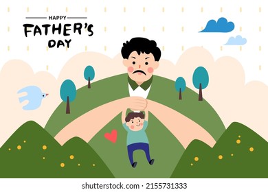 Imagen vectorial de la alegre celebración de la frase escrita a mano del Día del Padre Feliz. Super padre e hijo felices juntos.