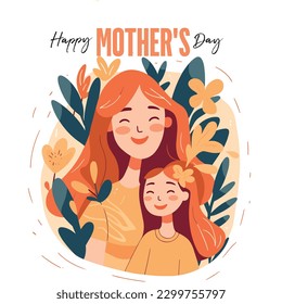 Vector illustration of joyous celebration of Happy Mother's Day, mother holding baby surrounded by flowers