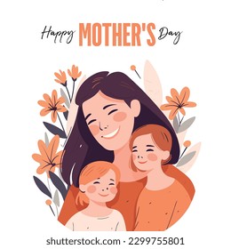 Vector illustration of joyous celebration of Happy Mother's Day, mother holding baby surrounded by flowers