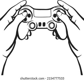 Ilustración vectorial de un joystick en las manos. Imagen monocroma de una consola de juegos para los amantes de los videojuegos y los juegos de ordenador. Logotipo para el jugador adolescente con gamepad para impresión y web