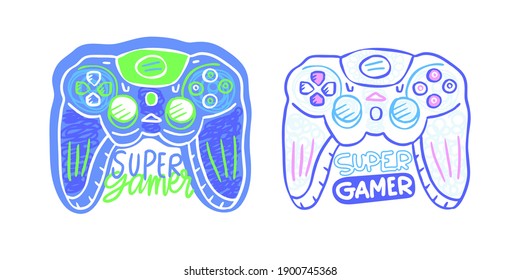 Vector illustration with joystick and text. Children's print design for t-shirts. Hand drawing, sketch. Gamepad on a white background.