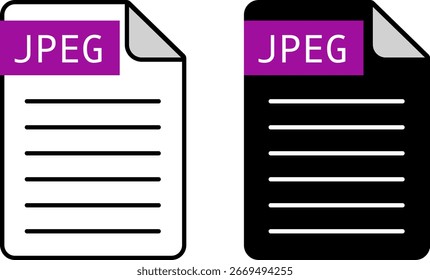 Ilustração vetorial de um ícone de documento de arquivo JPEG. Folha de papel branco com canto dobrado e cabeçalho roxo claro rotulado "JPEG". Design plano mínimo, isolado em branco.