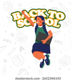 Vector Illustration Jubilant Girl Jumping with Laptop for School
