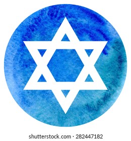 Vector illustration of judaic symbol star of David on bright blue circle watercolor background.