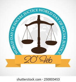 Vector illustration of a Judge balance with yellow ribbon for World Day of Social Justice in gray background.