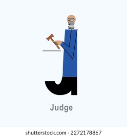 Vector illustration with Judge in flat style. Profession ABC series. Alphabet. Letter J