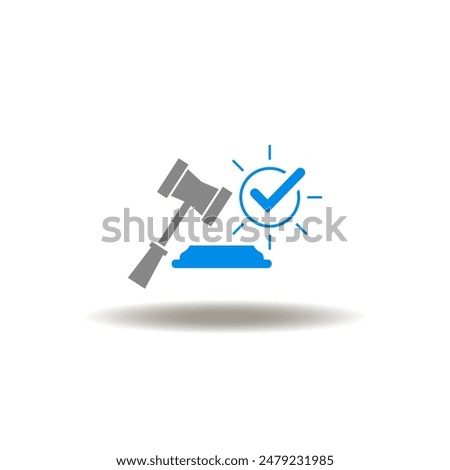 Vector illustration of judge gavel and check mark. Icon of legislation, verdict, punishment. Symbol of settlement.