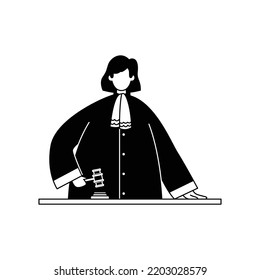 Vector illustration of a judge with a gavel in a robe. Profession.