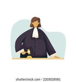 Vector illustration of a judge with a gavel in a robe. Profession.