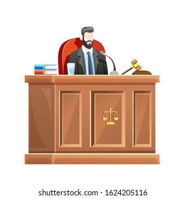 Vector illustration Judge sitting behind the desk court in courthouse, Male judge presides at the courtroom. Concept illustration of law and court, Vector cartoon illustration