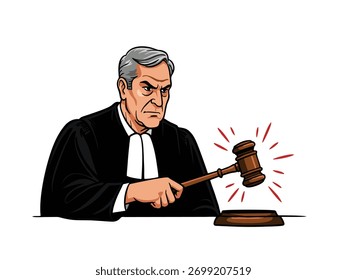 ilustração vetorial de um juiz batendo um martelo contra um fundo branco 