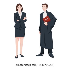 Vector Illustration Judiciary. Standing Woman Lawyer Or Jurist In A Skirt And A Judge In A Robe And With A Law In Her Hand In Cartoon Style.