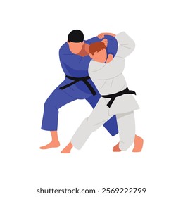 Vector illustration of judo fighters athletes. Cartoon scene of judo fighters boys dressed in blue, white suits with black belts isolated on white background. Combat sport. Japanese martial arts.