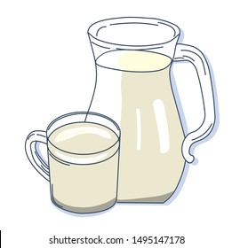 Vector illustration of a jug and a glass of milk. Isolated on white background.