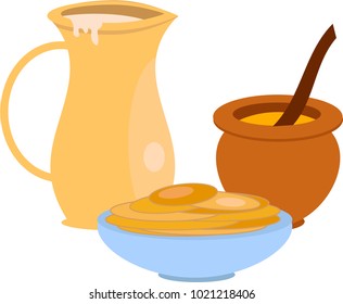 vector illustration of a jug, plates with pancakes and a pot without a background