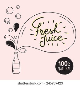 Vector illustration of juice bottle, splashes and bubbles - Hand drawn style