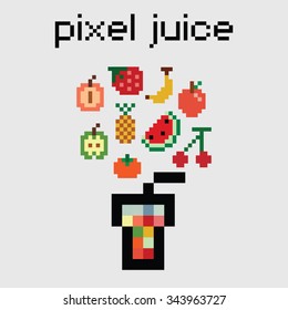 Vector illustration for juice and fruits in pixel art style / separate squares / editable 