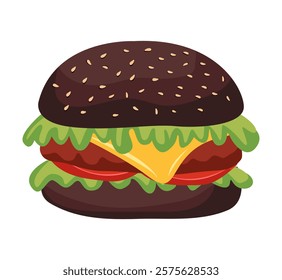 Vector illustration of juicy black hamburger with cheese and patty. National hamburger day. Fast food on white background.