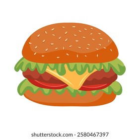 Vector illustration of juicy hamburger with cheese, tomato patty and salad leaf. National hamburger day. Fast food on white background