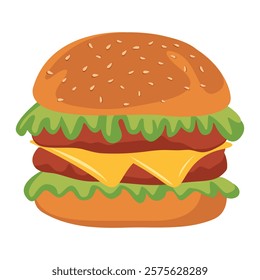 Vector illustration of juicy hamburger with double patty. National hamburger day. Fast food on white background.