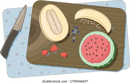 
vector illustration of juicy and healthy fruits and berries on a wooden cutting board. top view