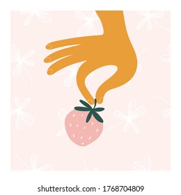 Vector illustration of juicy pink strawberry in hand and seamless pattern with doodle leaves  isolated on light pink backdrop. Cartoon style for posters, cards, t-shirt design, stickers, textile.